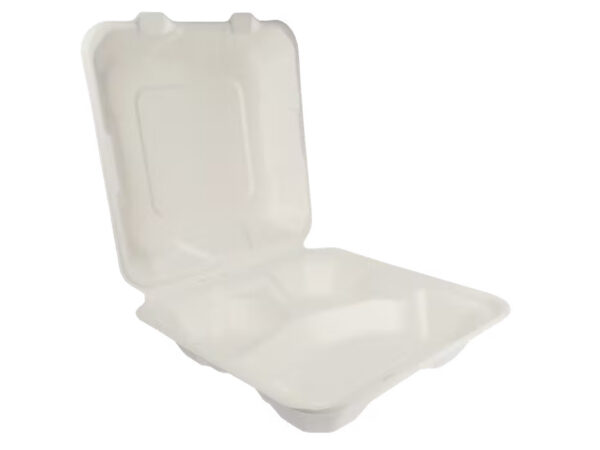 B405 Sugar cane Bagasse Food Container 3-tray MENUBOX 3-VAKS SUIKERRIET 24x24x5/7CM Horeca winkel