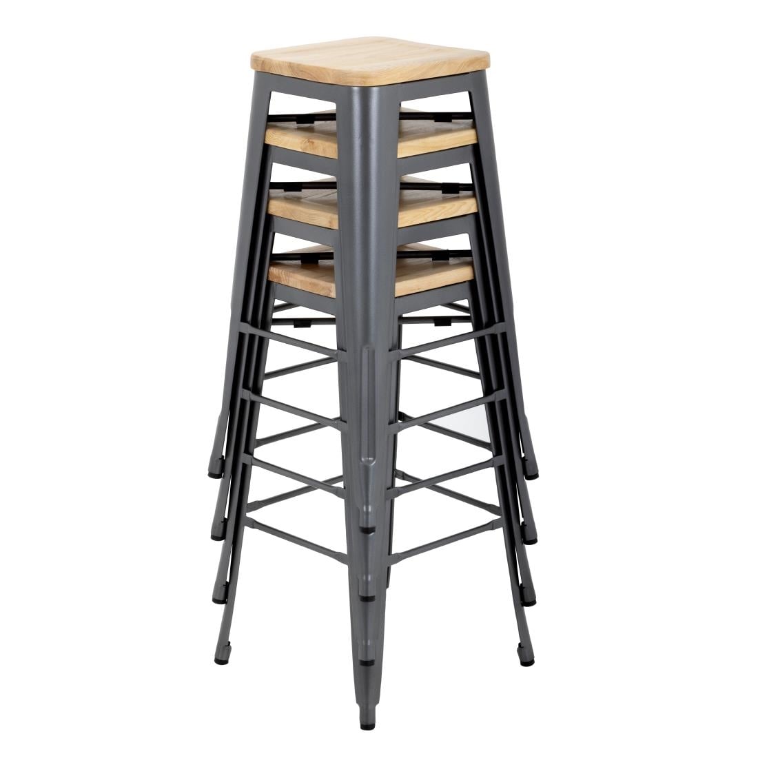 Bolero Bistro stalen barkruk met houten zitting - grijs (4 stuks)