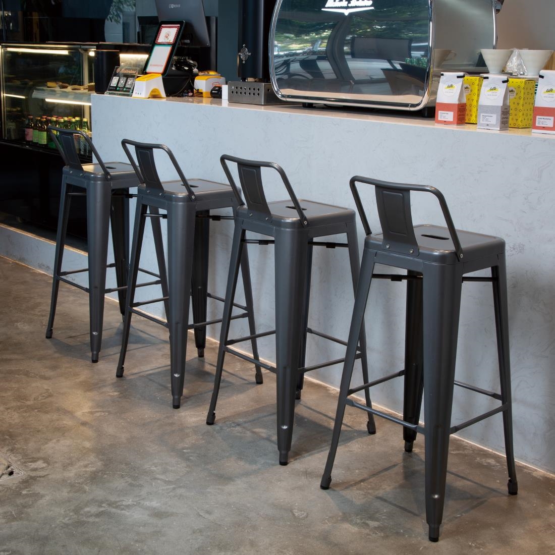 Bolero Bistro stalen barkruk met rugleuning grijs (4 stuks)