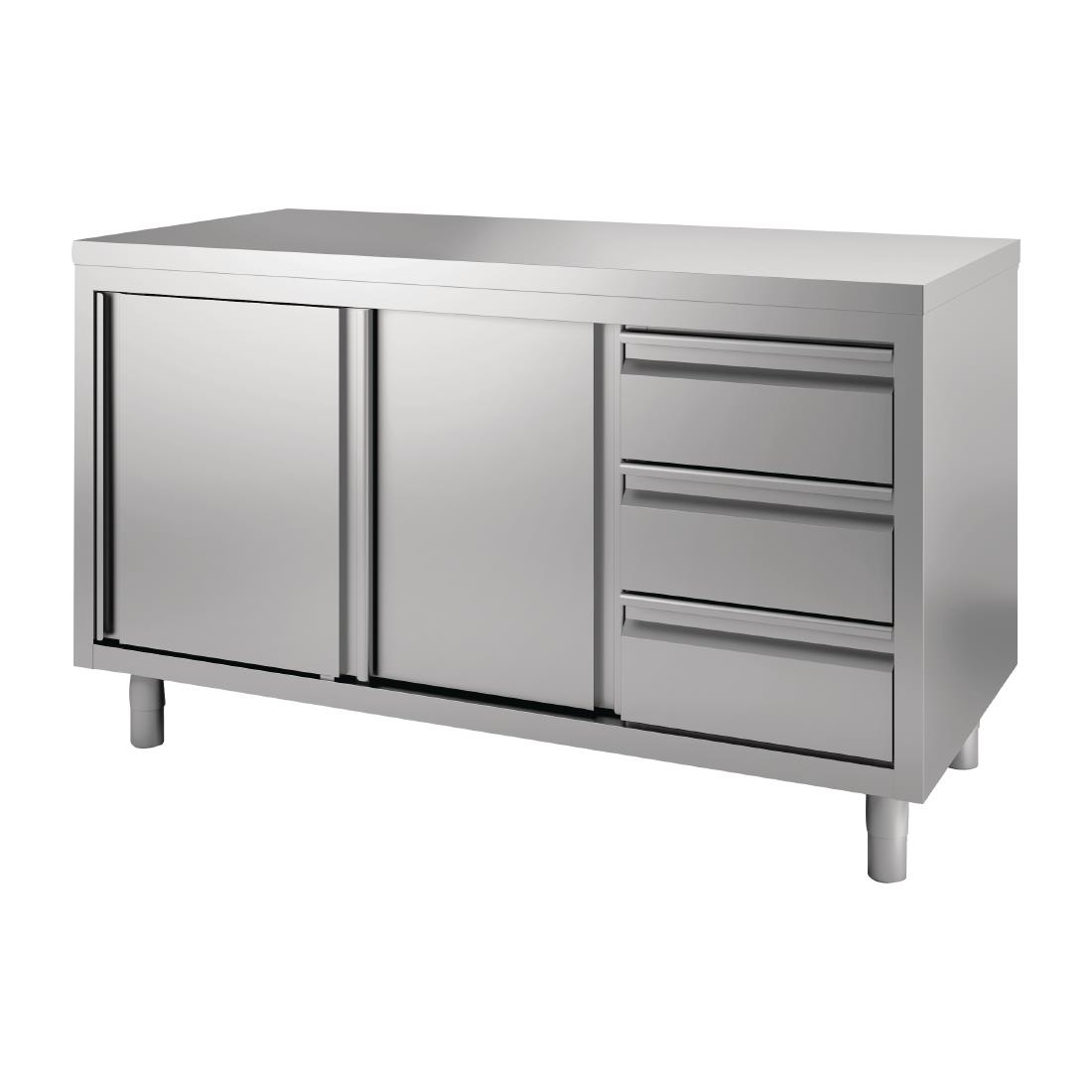 Gastro M RVS Werktafel Met Schuifdeuren En 3 Laden 85/90x140x70cm