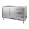 Gastro M RVS Werktafel Met Schuifdeuren En 3 Laden 85/90x150x70cm