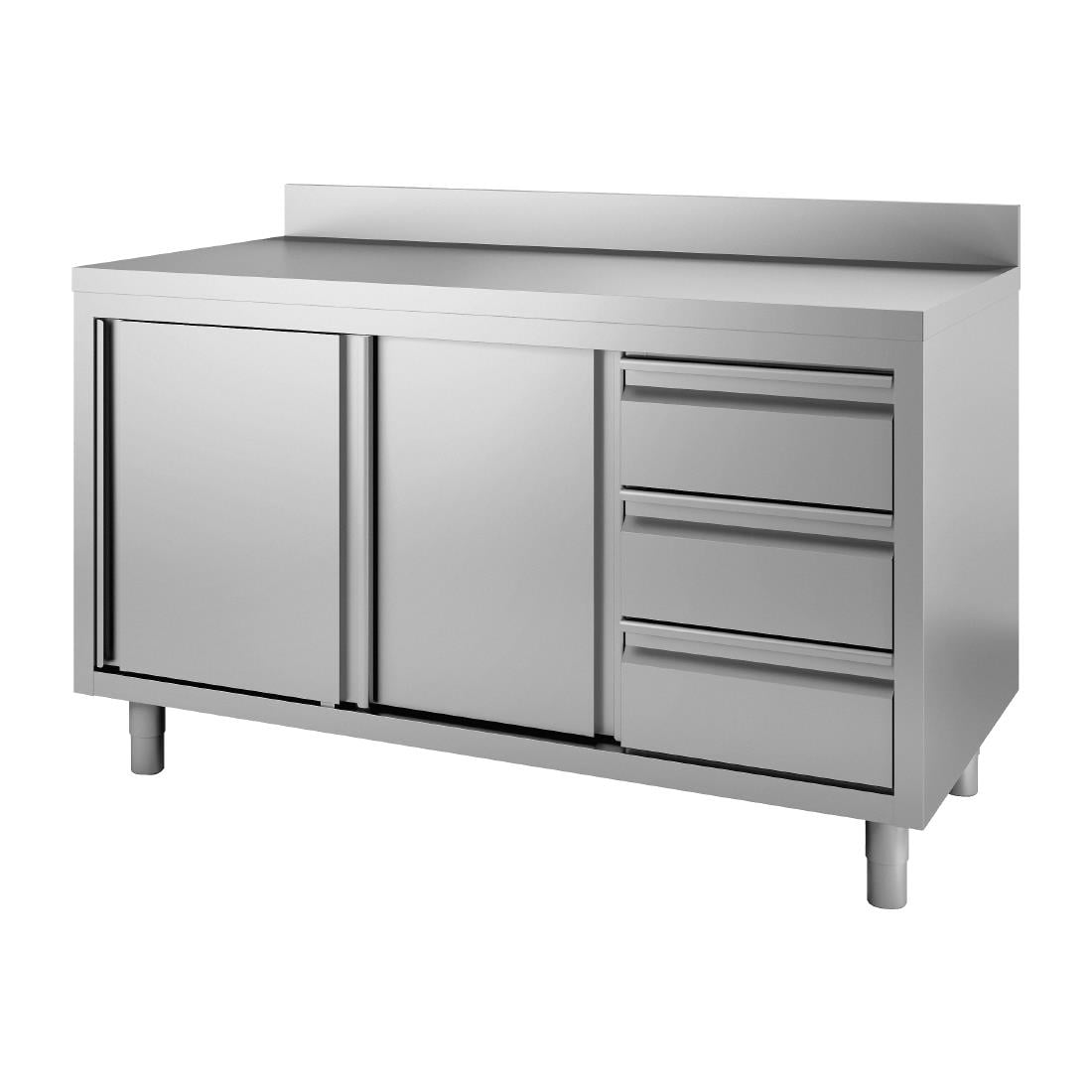 Gastro M Werktafel Met 3 Laden Rechts, Schuifdeuren En Achteropstand 85/90x100x60cm