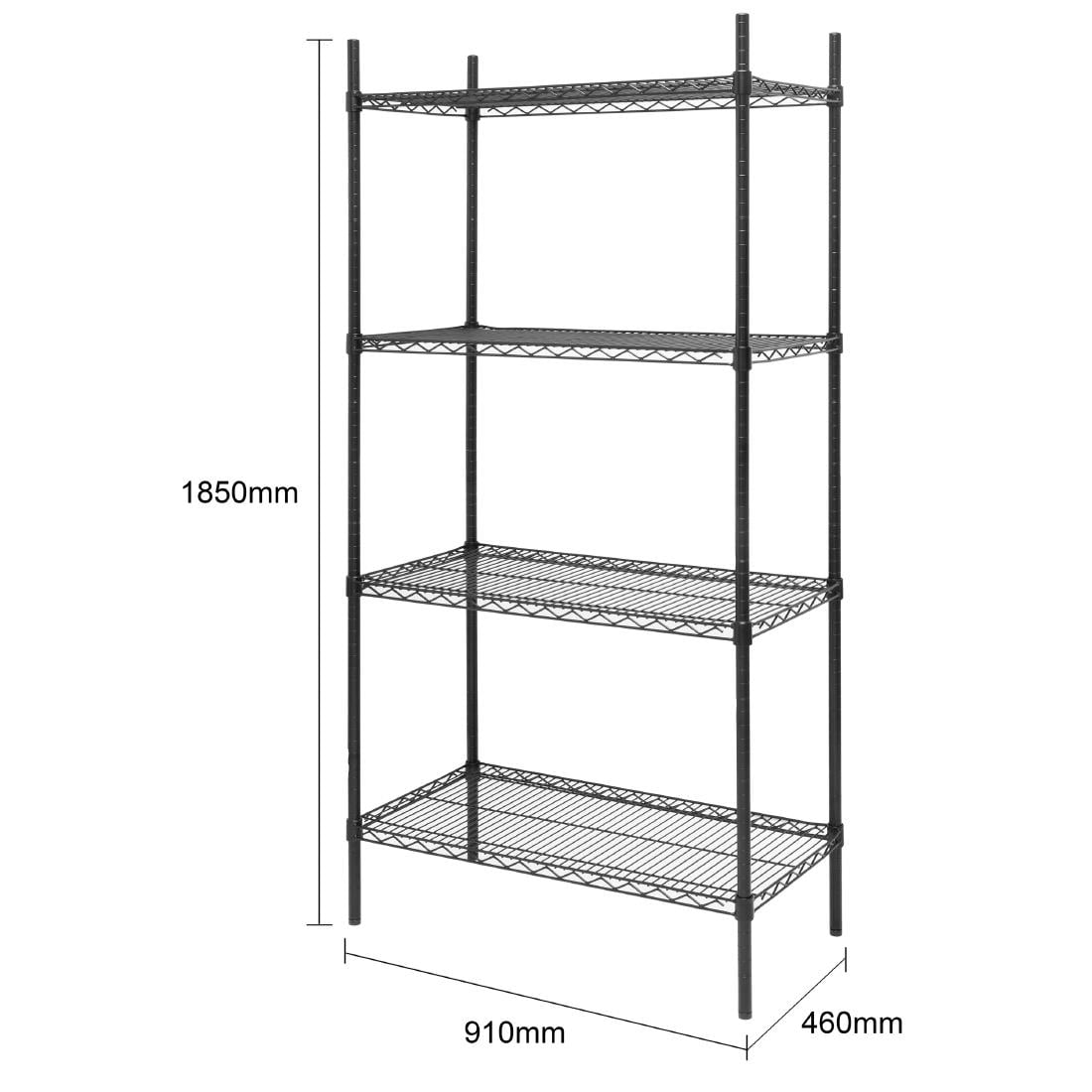 Nisbets Essentials epoxy gecoat legbordstelling 4 legborden flatpack zwart 1830 x 910 x 460 mm