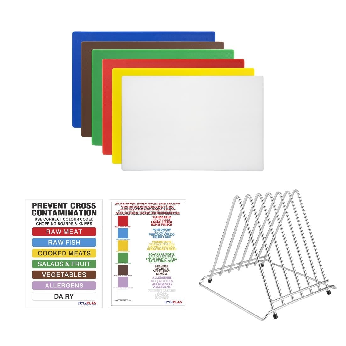 Hygiplas set van 6 HDPE snijplanken met rek en HACCP kleurcode kaart 12(h)x455(b)x305(d)mm - Afbeelding 2