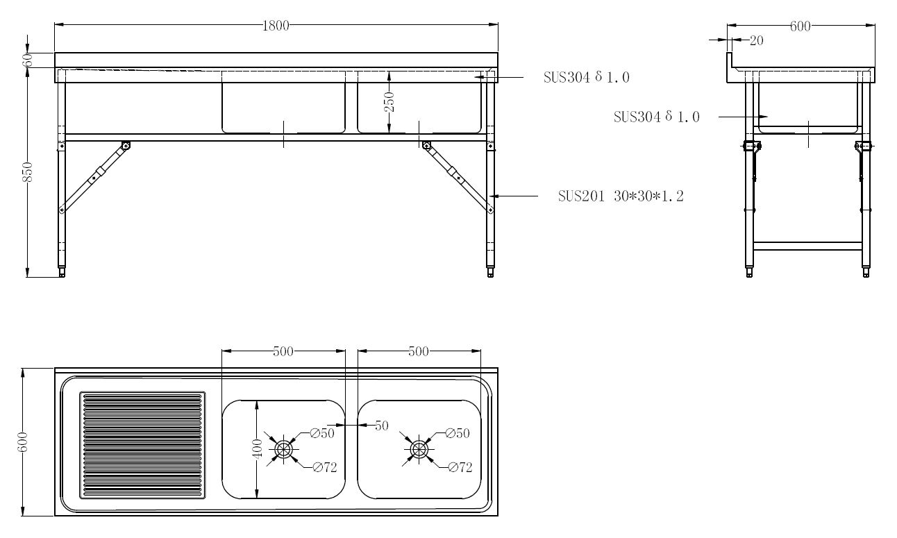 600 SPOELTAFEL INKLAPB 1800 2R - Afbeelding 3