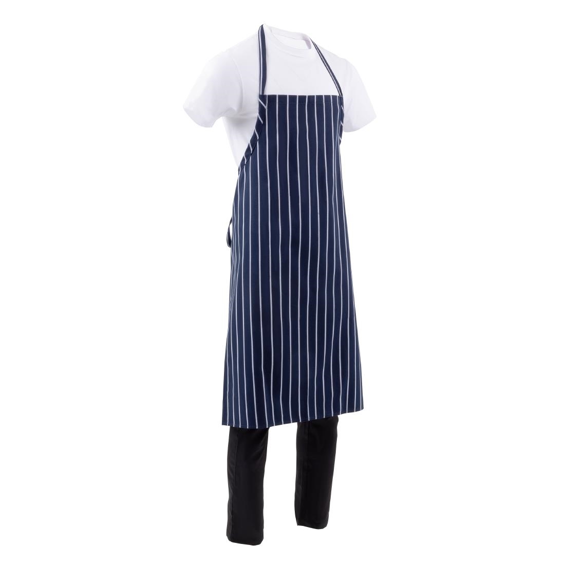 Chef Works Premium geweven halterschort blauw-wit gestreept