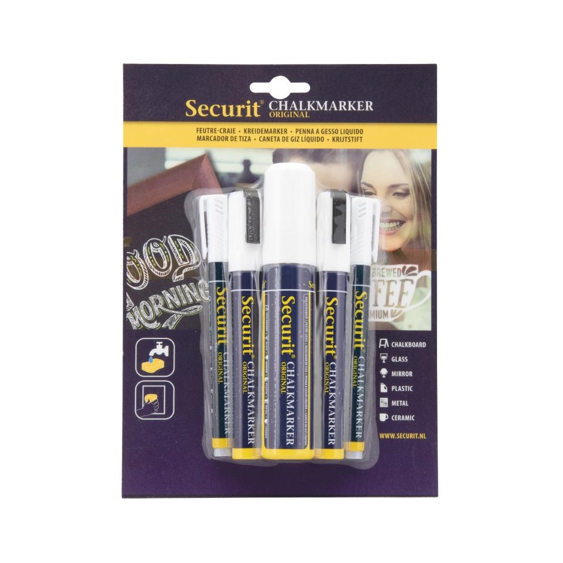 Securit 5 Original Chalk Marker een ronde, geciseleerde stift met blokpunt in wit
