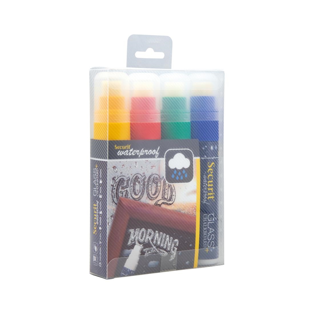 Securit Watervaste krijtstift (Glas + Krijtbord) in rood, groen, geel, blauw met 7-15 mm penpunt (4 stuks)